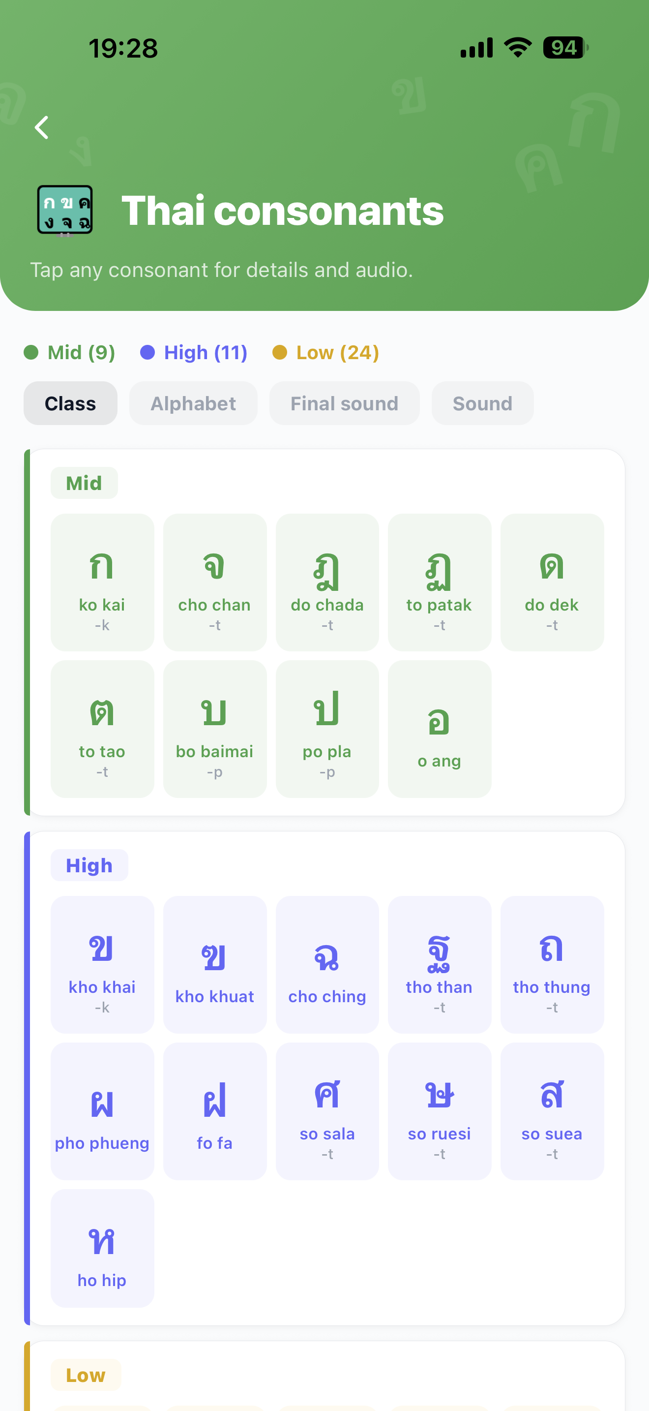 Thai consonants reference by class