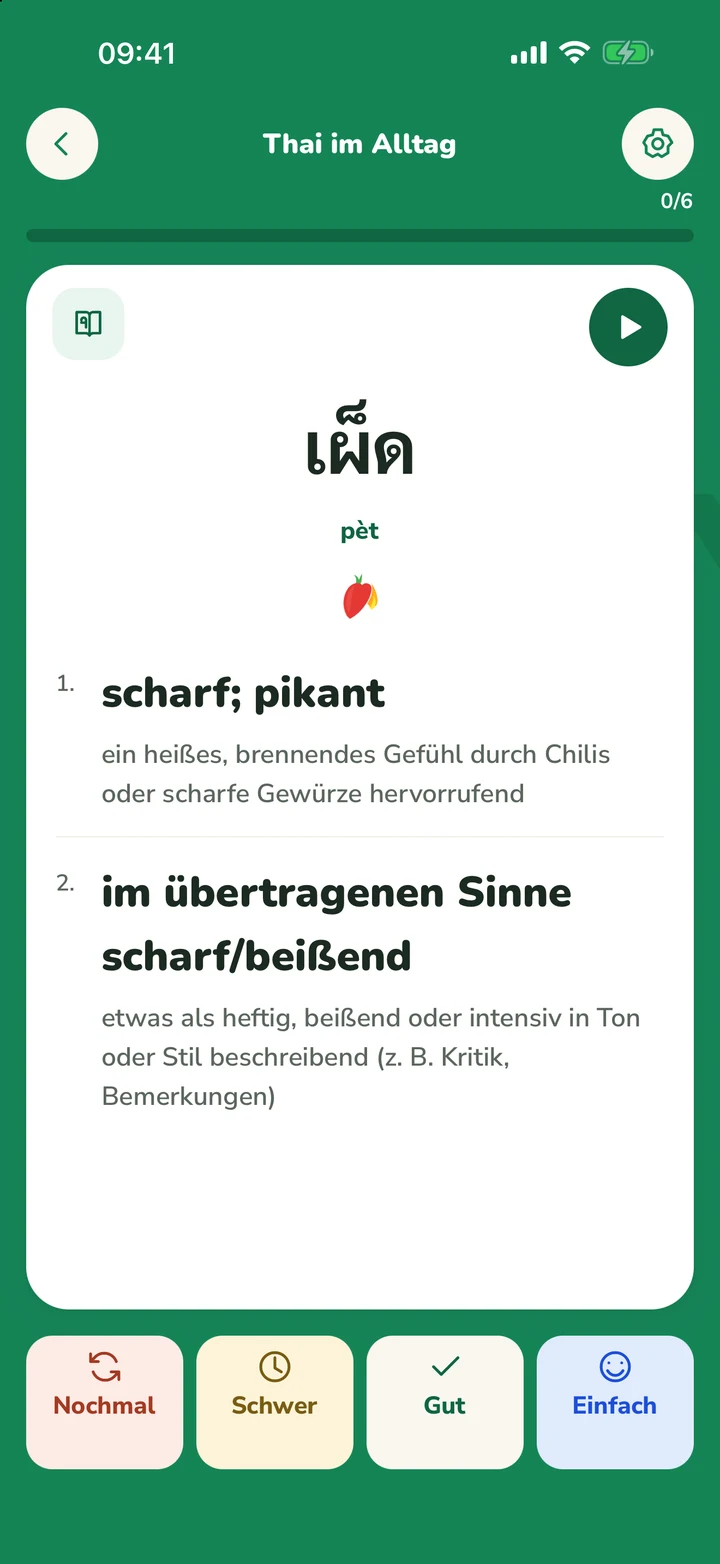 Lernstapel-Karteikartenansicht mit Bewertungs-Buttons