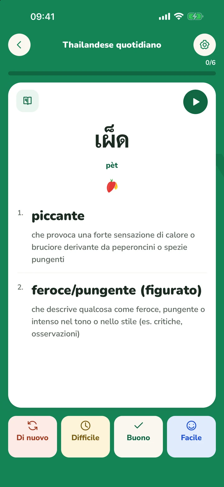 Vista flashcard del mazzo di studio con pulsanti di valutazione