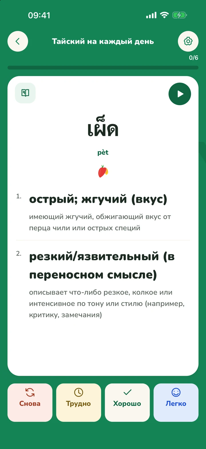 Вид карточки в колоде с кнопками оценки